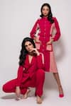 Buy_Veera Wear_Red Armani Embellished Mesh Camp Collar Sleeve Panel Blazer With Pant _Online_at_Aza_Fashions