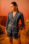 Shop_Veera Wear_Blue Denim Cuban Collar Raw Edge Detail Shacket With Shorts _Online_at_Aza_Fashions