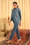 Veera Wear_Blue Denim Collared Button Down Shirt And Pant Set _Online_at_Aza_Fashions