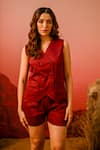 Shop_Veera Wear_Maroon Cotton V Neck Sleeveless Jacket And Shorts Set _Online_at_Aza_Fashions