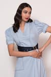 Veera Wear_Blue Cotton Collared V Puffed Sleeve Midi Dress _Online_at_Aza_Fashions