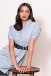 Veera Wear_Blue Cotton Collared V Puffed Sleeve Midi Dress _at_Aza_Fashions