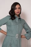 Buy_Veera Wear_Blue Cotton Collared Color Blocked Puffed Sleeve Dress _Online_at_Aza_Fashions