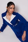 Shop_Veera Wear_Blue Armani Placement Embellished Lapel Collar Contrast Dress _at_Aza_Fashions