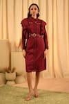 Buy_Veera Wear_Maroon Cotton Placement Embellished Studs Asymmetric Front Ruffled Midi Dress _at_Aza_Fashions