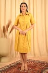 Buy_Veera Wear_Yellow Cotton Plain Collared Neck Midi Dress _at_Aza_Fashions