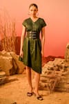 Buy_Veera Wear_Green Cotton Placement Embellished Sequin V Neck Pintuck Bodice Dress _at_Aza_Fashions