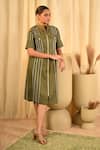 Buy_Veera Wear_Green Cotton Embellished Stripe Stand Collar Pattern Dress _Online_at_Aza_Fashions