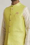 Shop_Samyukta Singhania_Yellow Jacquard Banarasi Silk Bloom Woven Bundi And Kurta Set _Online_at_Aza_Fashions