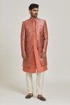 Shop_Adara Khan_Pink Art Silk Printed Thread Checkered And Sherwani Set_Online_at_Aza_Fashions