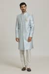 Buy_Adara Khan_Sky Blue Sherwani: Banarasi Jacquard Woven Geometric Pattern With Pant For Men_Online_at_Aza_Fashions