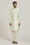 Samyukta Singhania_Green Brocade, Silk Geometric Pattern Overlap Sherwani Set _Online_at_Aza_Fashions