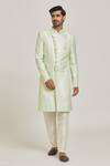 Buy_Samyukta Singhania_Green Brocade, Silk Geometric Pattern Overlap Sherwani Set _Online_at_Aza_Fashions
