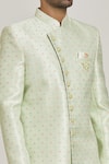 Shop_Samyukta Singhania_Green Brocade, Silk Geometric Pattern Overlap Sherwani Set _Online_at_Aza_Fashions