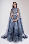 Buy_Amit Aggarwal_Blue Embellished Metallic High Neck Lehenga And Cape Blouse Set _at_Aza_Fashions