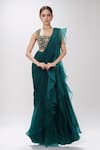 Buy_Ridhi Mehra_Emerald Green Chiffon Embroidered Floral Pre-draped Frill Saree With Blouse _at_Aza_Fashions