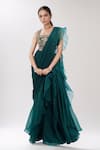 Ridhi Mehra_Emerald Green Chiffon Embroidered Floral Pre-draped Frill Saree With Blouse _Online_at_Aza_Fashions