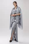 Buy_Amit Aggarwal_Grey Embellished Metallic Plunged Cape With Draped Skirt Set _at_Aza_Fashions