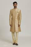 Samyukta Singhania_Beige Sherwani Art Silk Printed Floral Bageecha With Churidar _Online_at_Aza_Fashions