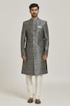 Samyukta Singhania_Grey Sherwani Art Silk Printed Floral Button Down Set _Online_at_Aza_Fashions