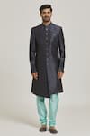 Samyukta Singhania_Blue Sherwani Art Silk Printed Floral Button Down Set _at_Aza_Fashions