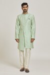 Adara Khan_Green Sherwani Banarasi Jacquard Floral Pattern Overlap Set_Online_at_Aza_Fashions