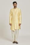 Samyukta Singhania_Yellow Sherwani Banarasi Jacquard Floral Pattern Overlap Set _Online_at_Aza_Fashions