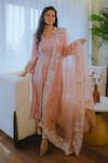 Buy_Aaryaa By Kashveen Kohli_Pink Kurta And Pant Chanderi Silk Embroidered Pearl Mandarin Set With Dupatta _at_Aza_Fashions