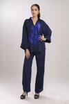 Buy_NAMRATA JOSHIPURA_Blue Embroidered Sequins Collared V Neck Autumn Fern Boxy Top And Pant Co-ord Set _at_Aza_Fashions