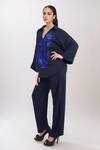 Buy_NAMRATA JOSHIPURA_Blue Embroidered Sequins Collared V Neck Autumn Fern Boxy Top And Pant Co-ord Set 