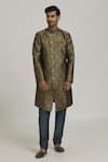 Samyukta Singhania_Grey Sherwani Banarasi Jacquard Woven Swirl Pattern With Churidar _Online_at_Aza_Fashions