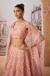 Aneesh Agarwaal_Pink 100% Silk Organza Embroidery Cutdana Leaf Neck Gul Bridal Lehenga Set _Online_at_Aza_Fashions