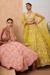 Shop_Aneesh Agarwaal_Pink 100% Silk Organza Embroidery Cutdana Leaf Neck Gul Bridal Lehenga Set _Online_at_Aza_Fashions