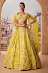 Buy_Aneesh Agarwaal_Green 100% Silk Organza Embroidery Sequin Leaf Neck Gullista Bridal Lehenga Set _at_Aza_Fashions