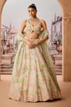 Buy_Aneesh Agarwaal_Blue 100% Silk Organza Embroidery Sequin Leaf Neck Florence Bridal Lehenga Set _at_Aza_Fashions