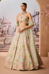 Aneesh Agarwaal_Blue 100% Silk Organza Embroidery Sequin Leaf Neck Florence Bridal Lehenga Set _Online_at_Aza_Fashions