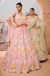 Aneesh Agarwaal_Blue 100% Silk Organza Embroidery Sequin Leaf Neck Florence Bridal Lehenga Set _at_Aza_Fashions