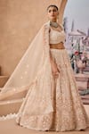 Shop_Aneesh Agarwaal_Beige 100% Silk Organza Embroidery Dori Peony Blossom Bridal Lehenga Set _Online_at_Aza_Fashions