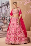 Buy_Aneesh Agarwaal_Fuchsia 100% Silk Organza Embroidered Zardozi Flower Applique Bridal Lehenga Set _at_Aza_Fashions