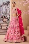 Buy_Aneesh Agarwaal_Fuchsia 100% Silk Organza Embroidered Zardozi Flower Applique Bridal Lehenga Set _Online_at_Aza_Fashions