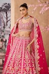 Shop_Aneesh Agarwaal_Fuchsia 100% Silk Organza Embroidered Zardozi Flower Applique Bridal Lehenga Set _Online_at_Aza_Fashions