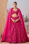 Buy_Aneesh Agarwaal_Magenta 100% Silk Organza Embroidered Rosette Vine Sequined Bridal Lehenga Set _at_Aza_Fashions