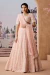 Buy_Aneesh Agarwaal_Peach 100% Silk Organza Pearl Embellished Floral Scallop Bridal Lehenga Set _at_Aza_Fashions