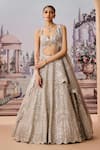 Buy_Aneesh Agarwaal_Grey 100% Silk Organza Mirrorwork Embellished Gota Scallop Bridal Lehenga Set _at_Aza_Fashions