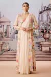 Buy_Aneesh Agarwaal_Ivory Jacket And Blouse 100% Silk Organza Embroidered Floral Sequined Saree Set _at_Aza_Fashions