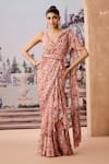 Buy_Aneesh Agarwaal_Peach Sari Chinon Chiffon Printed Floral Chintz Pre-draped Ruffle Saree Set _at_Aza_Fashions