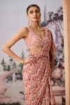 Buy_Aneesh Agarwaal_Peach Sari Chinon Chiffon Printed Floral Chintz Pre-draped Ruffle Saree Set _Online_at_Aza_Fashions