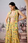 Shop_Aneesh Agarwaal_Yellow Crepe Embroidered Thread Jacket Lapel Floral Garden Print Sharara Set _Online_at_Aza_Fashions