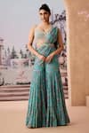 Buy_Aneesh Agarwaal_Blue Chinon Chiffon Printed Sequin Floral Chintz Pre-draped Sharara Saree Set _at_Aza_Fashions