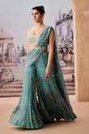 Aneesh Agarwaal_Blue Chinon Chiffon Printed Sequin Floral Chintz Pre-draped Sharara Saree Set _Online_at_Aza_Fashions